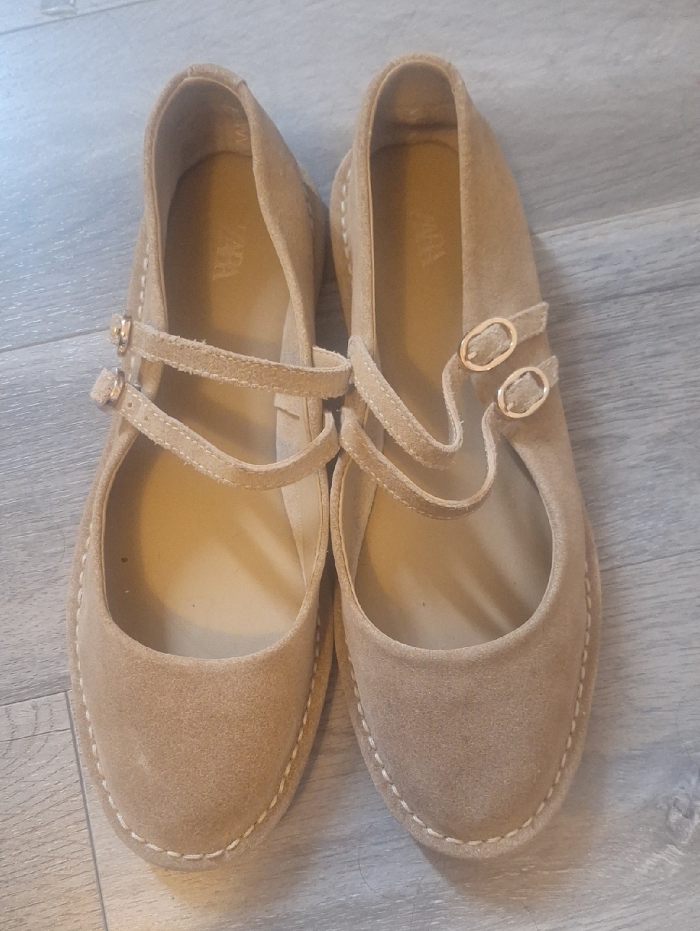 Zara Beige Suede Mary Jane Flats